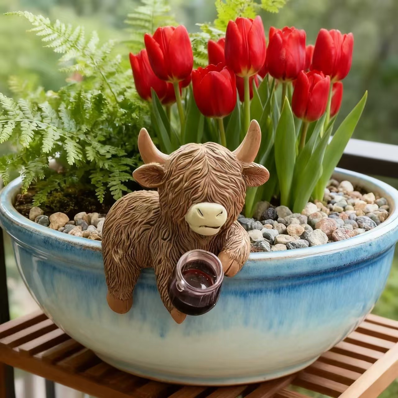 Wine Beer Garden - Funny HighlandS Cow Figurine Drinking Wine